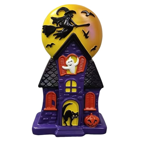 HAHUT Halloween House Blow Mold Light, Resin Pre-Lit Spooky Mansion with Glowing Witch Moon, Ghost & Black Cat for Halloween Party Tabletop Decor (Purple)