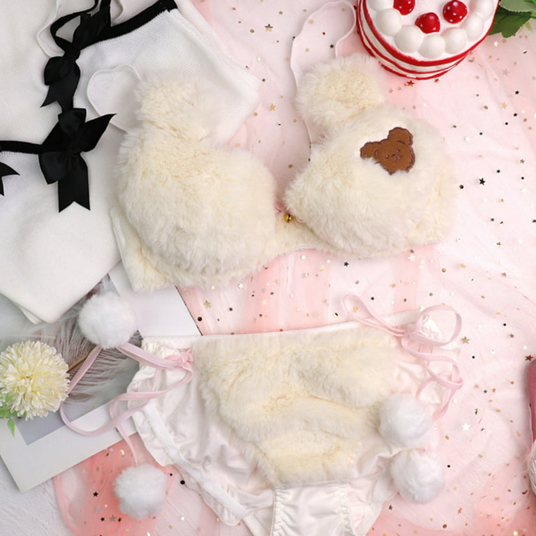 UNFAIRZQ Womens 2pcs Bra Panty Set Cute Bear Embroidery Fluffy Faux Fur  Underwire Underwear Plush Ball Bow Japanese Anime Lingerie : :  Fashion