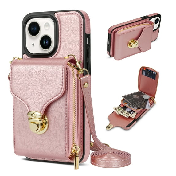 Nalacover Wallet Case for iPhone 14 Plus,with Removable Adjustable Shoulder Strap,PU Leather Back Zipper Pocket Card Holder Stand Purse Shockproof Phone Case for Women Men,Rosegold