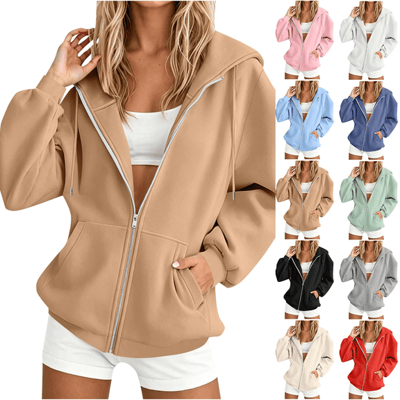 Liuinsasek Zip Up Hoodies for Women Drawstring Casual Oversized Sweatshirt with Pockets Cozy Winter Clothes