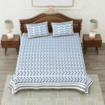 Indian Ethnic Block Print Full Size Flat Sheet Pastel Color Cotton Bedsheet With 2 Pillow Case Floral Blue- 90x108"