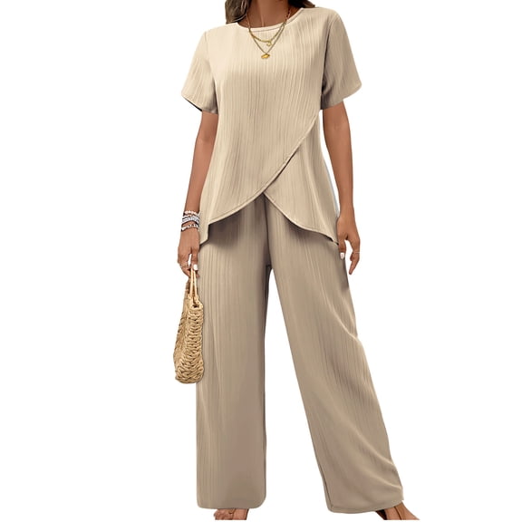 ZUKMRJPC 2 Piece Sets for Women Short Sleeve Asymmetrical Tops Wide Leg Pants Tracksuit Loose Fit Lightweight Casual Outfits Sets