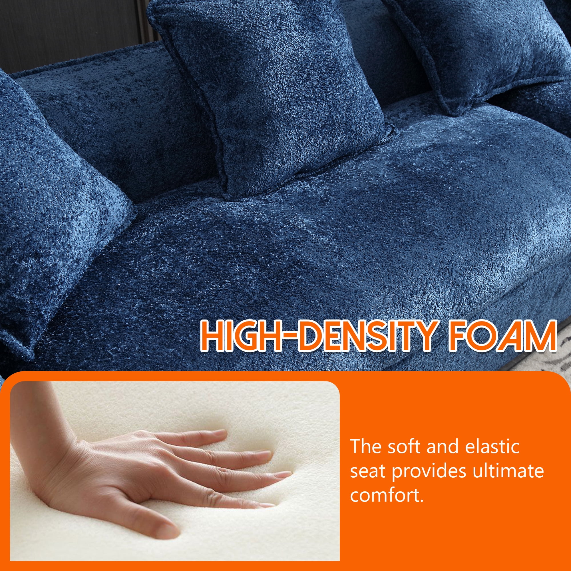 MOONMISS Boucle Upholstered Oversized 3 Seater Comfy Sofa with Unique Double Seat and Corner Construction-Navy Blue