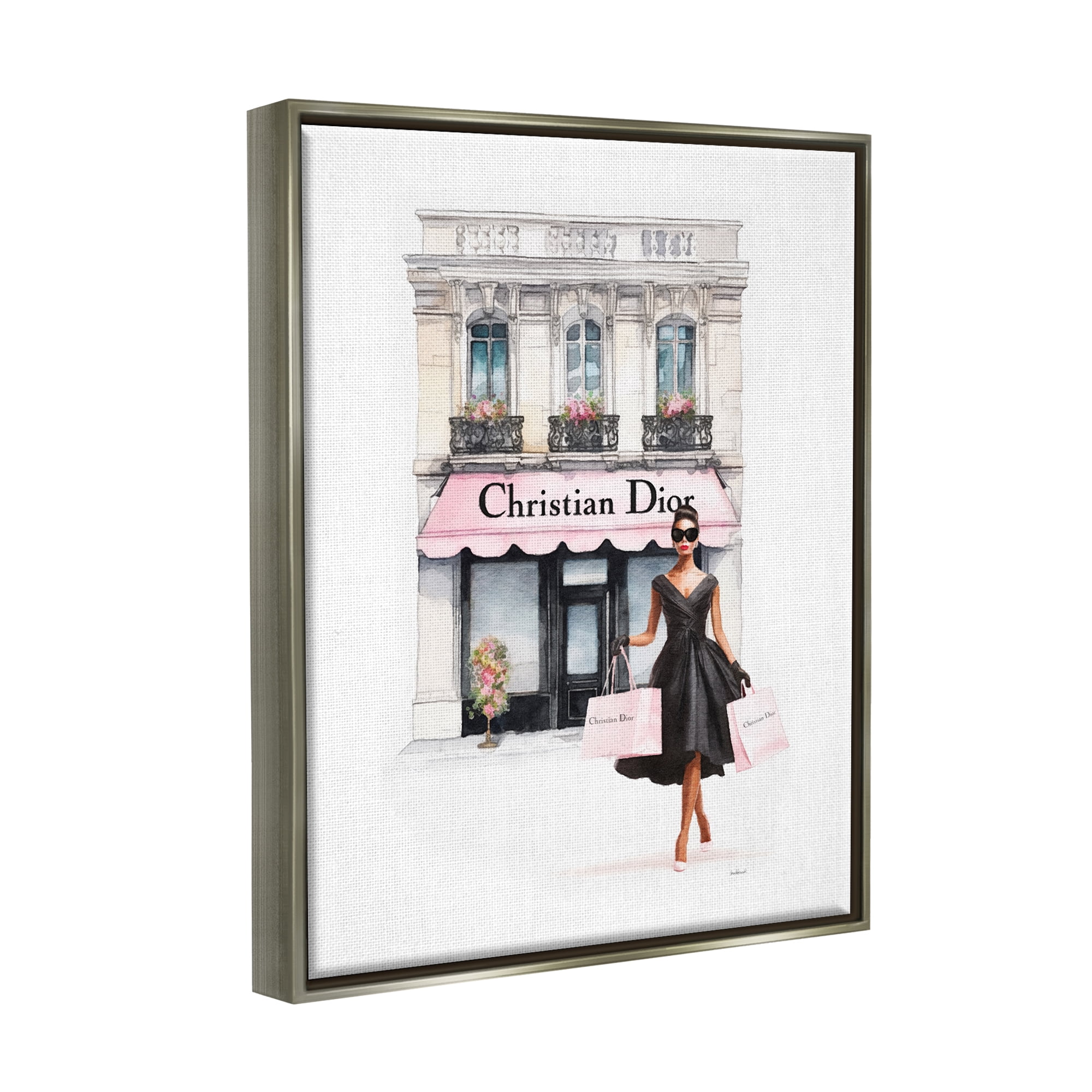Stupell Industries Woman & Fashion Shop Town & City Painting Gray Floater Framed Canvas Art Print Wall Art, 17 x 21