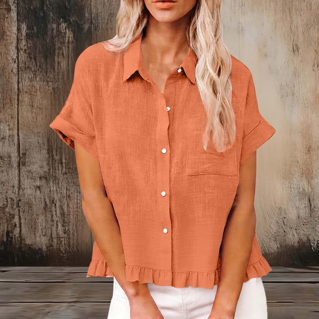 TaTaai Stylish Short Sleeve Top for Women, Flared Collar Design with Fringe Detail, Front Pocket Blouse, Lightweight Summer Wear, Casual Outing and Daily Attire Gift
