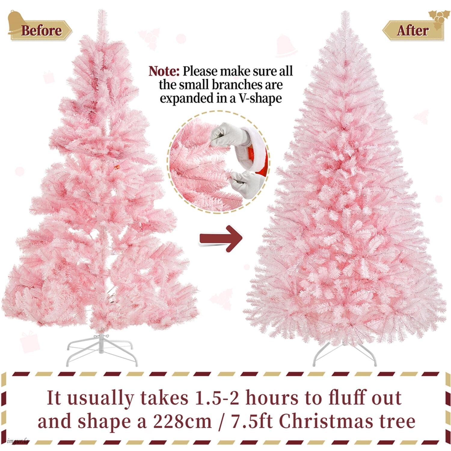 Alden Design 7.5FT Artificial Pre-lit Christmas Fir Tree with Foldable Stand and 550 LED Warm Lights,Pink