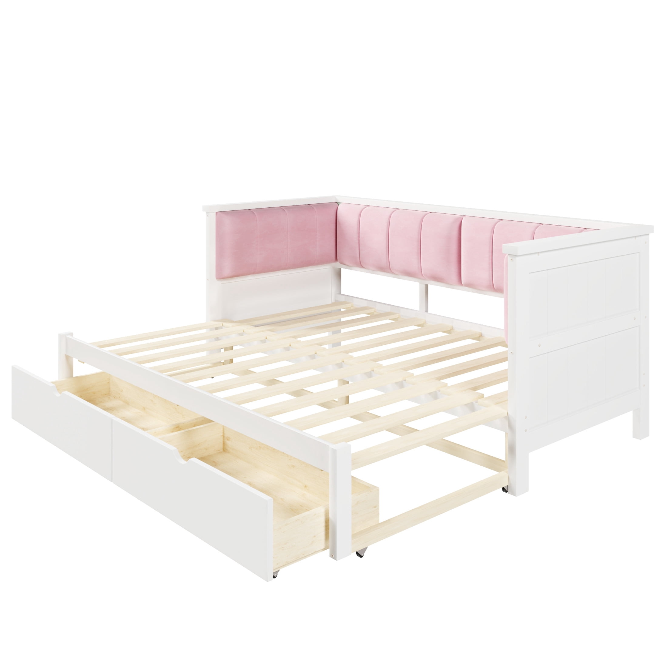 Noble House Henry Twin XL to King Size Expandable Daybed with Storage Drawers and Upholstered Backrest, White and Pink