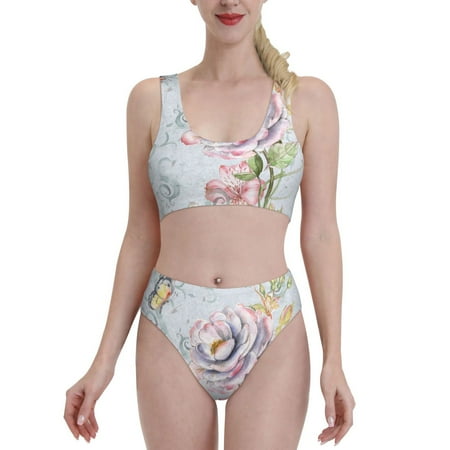 Bixox Vintage Rose Pattern Two-Piece Sports Bikini with U-Shaped Top and High-Waist Bottom - Women s Swimwear with Removable Bra Pads