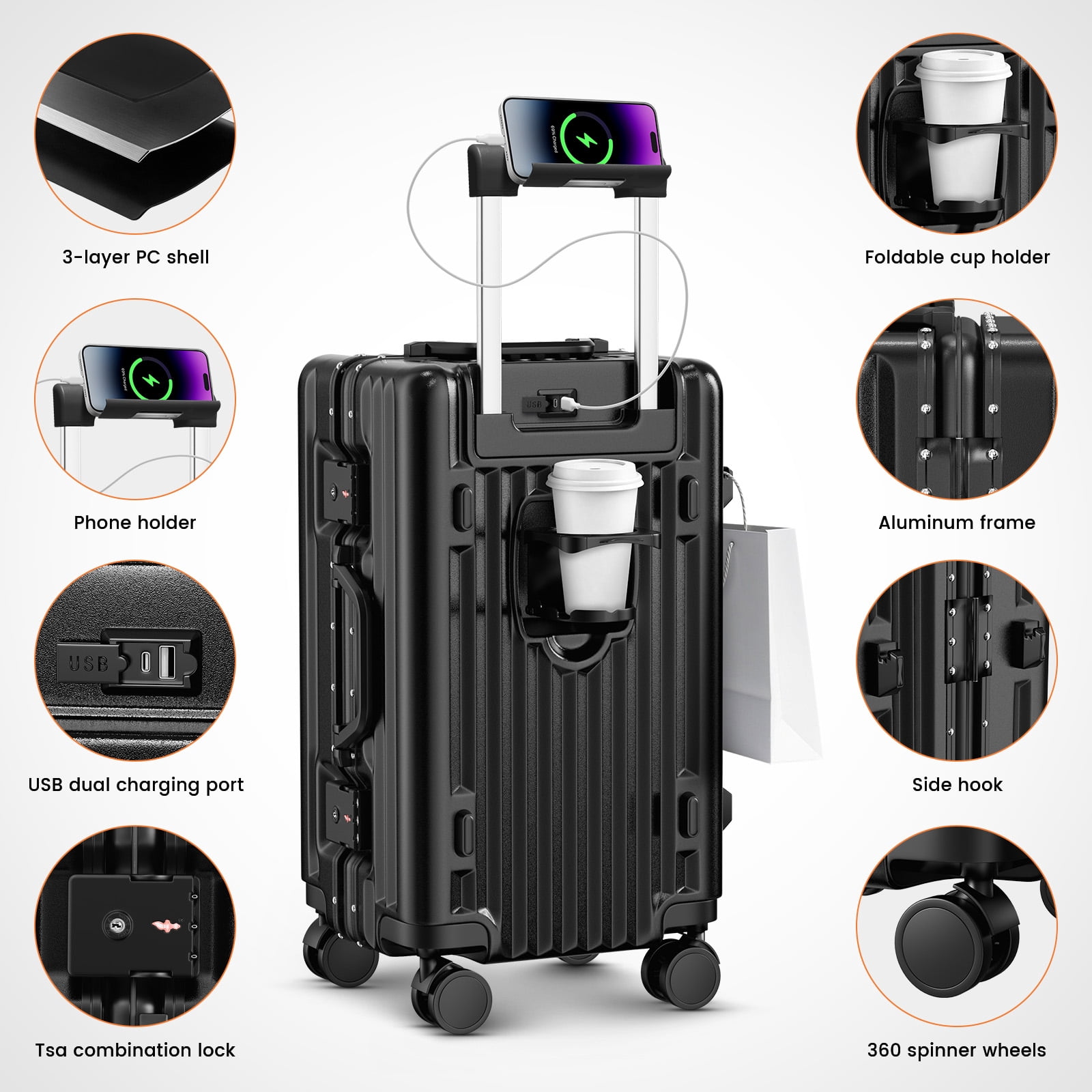 20 in Carry on Luggage, Lightweight Zipperless Aluminum Frame PC Hard Shell Suitcase with TSA Lock & 360 Spinner Wheels for Travel