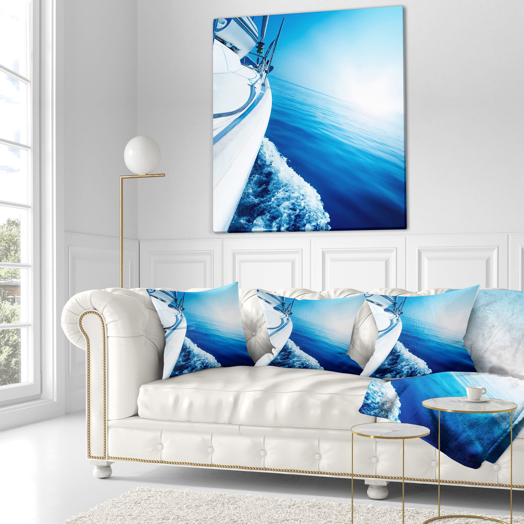 Designart Luxury Yacht Sailing in Blue Sea - Seashore Throw Pillow - 18x18