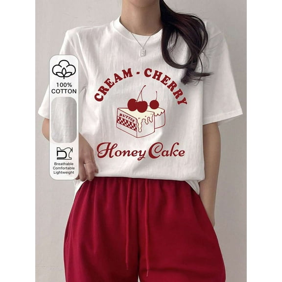Women Summer Letter Cherry Printed Round Neck Short Sleeve Casual T-Shirt CREAMCHERRY Honey Cake Cute Tops,Graphic Tees