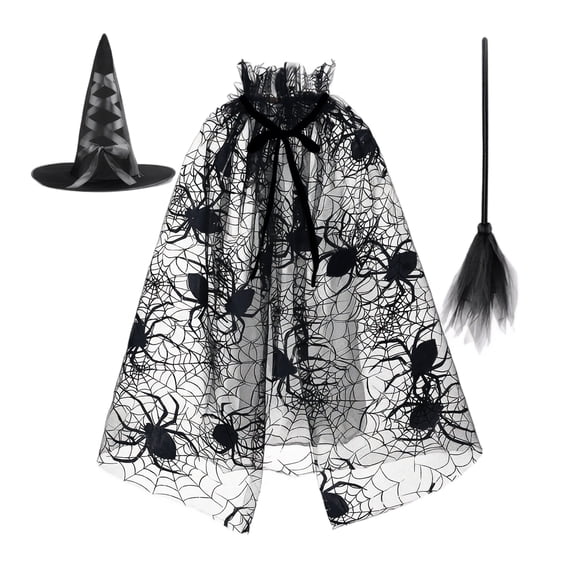 choiix Halloween Spider Web Cape Costume Set with Witch Hat and Broomstick Witch Outfit for Party Cosplay Dress for Performance