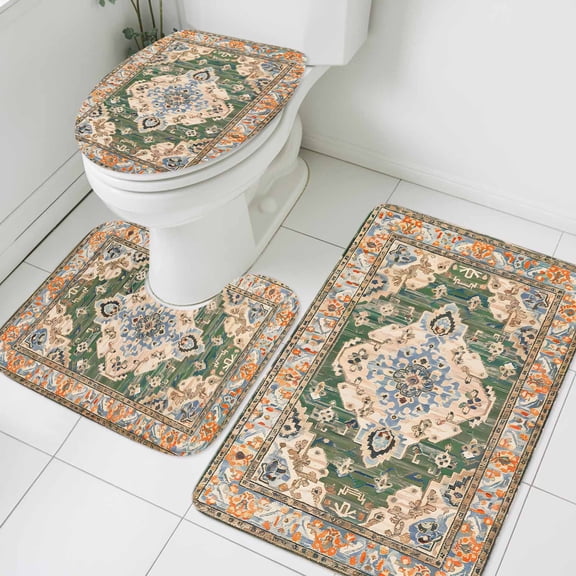 Bohemian Bathroom Rugs Set Vintage Tribal Boho Floral Monaco Ethnic Style Green Non Slip Absorbent Soft Bath Mats 3 Piece Set with Bathroom Rug, U-Shaped Floor Mat, Toilet Seat Cover Small Size