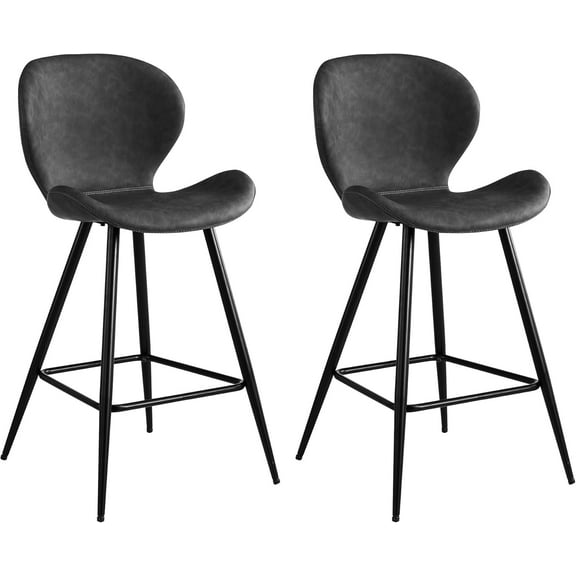 KithKasa Counter Height Bar Stools Set of 2 with Back, Mid Century Modern PU Leather 26" Kitchen Island Barstools with Metal Legs for Dining Room Kitchen Counter Pub Grey