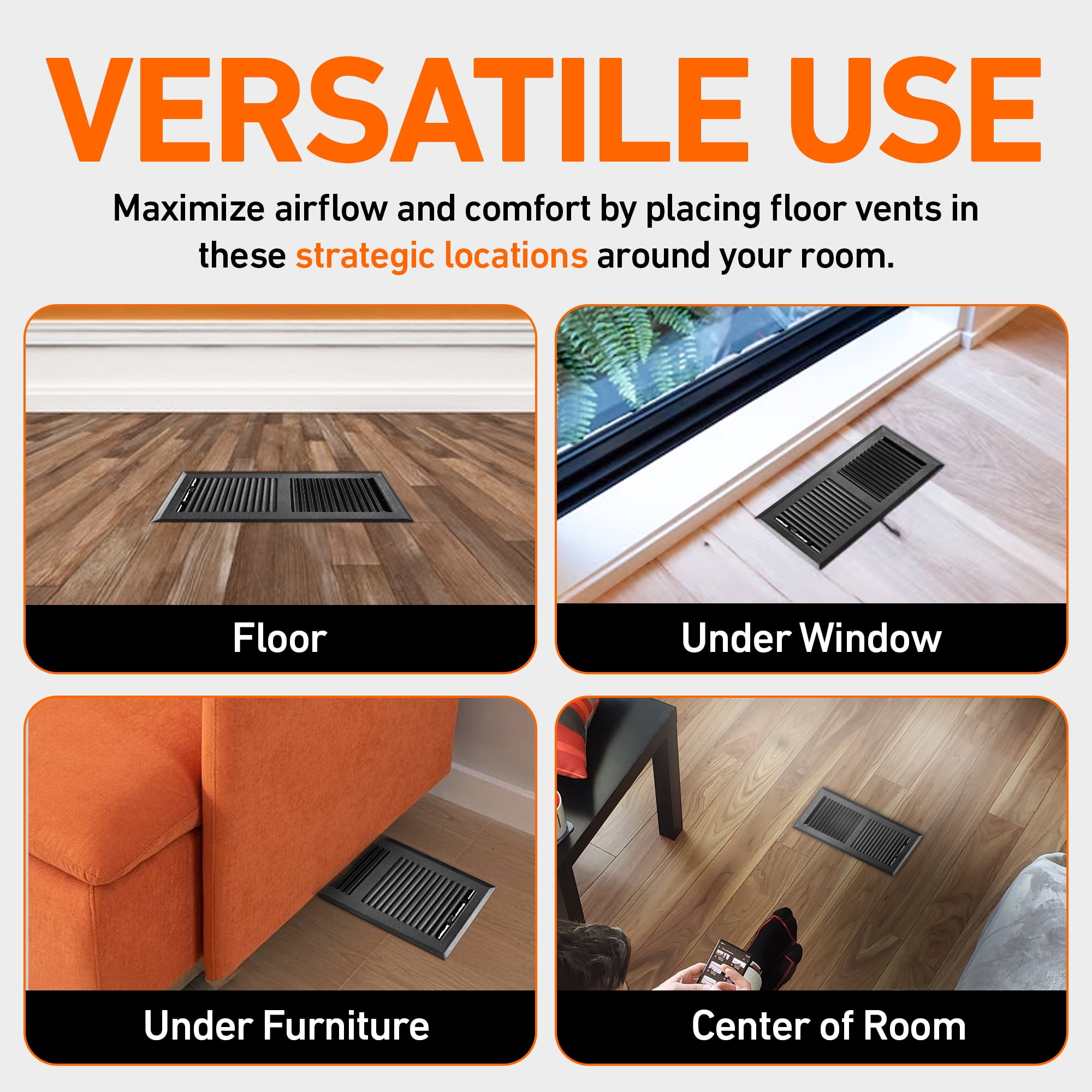 2X10 Floor Vent Covers Floor Register with Mesh Cover Trap, Heat and Air, Walkable Metal Floor Vent for HVAC Duct, Contemporary, Matte Black