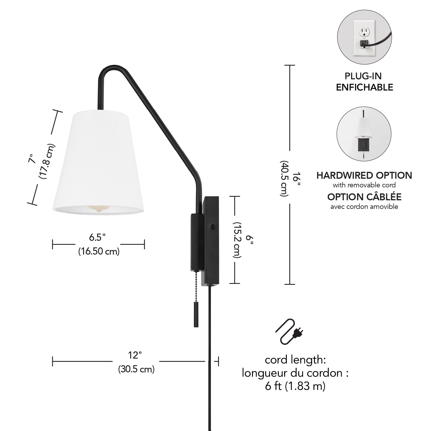 Globe Electric 1-Light Matte Black Plug-in or Hardwire Indoor Wall Sconce, White Fabric Shade