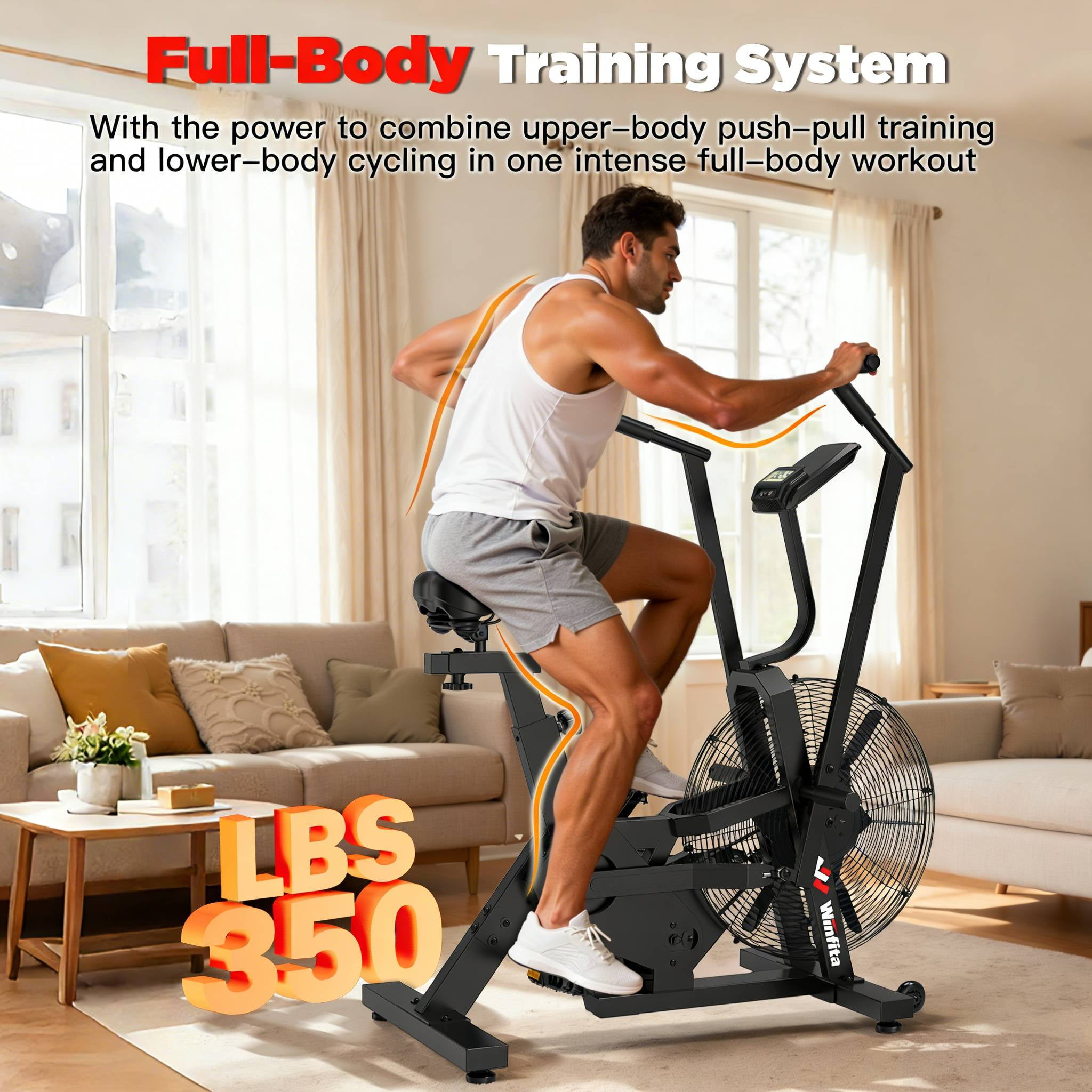 Winfita Commercial Built-in Bluetooth Air Bike, Adjustable Air Resistance with Dual-Action Handlebars, Heavy Duty Indoor Cycling Bike for Home Gym Traininning, 350lbs Arm/Leg Cardio Workout