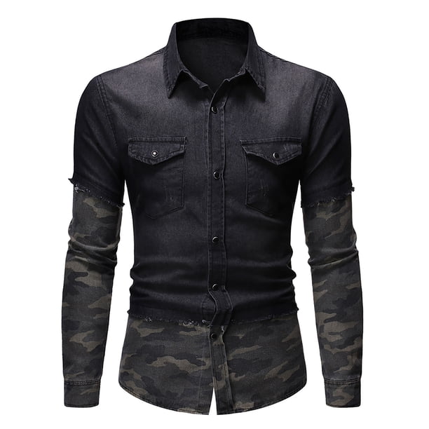Camisa de hombre de manga larga de mezclilla con lavado de solapa y botones de camuflaje con bolsillo colorblock Pompotops oipoqjl27746