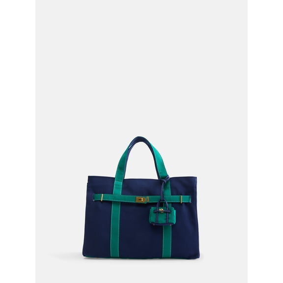 Free Assembly Women's Canvas Tote Handbag with Tote Charm, Navy with Green