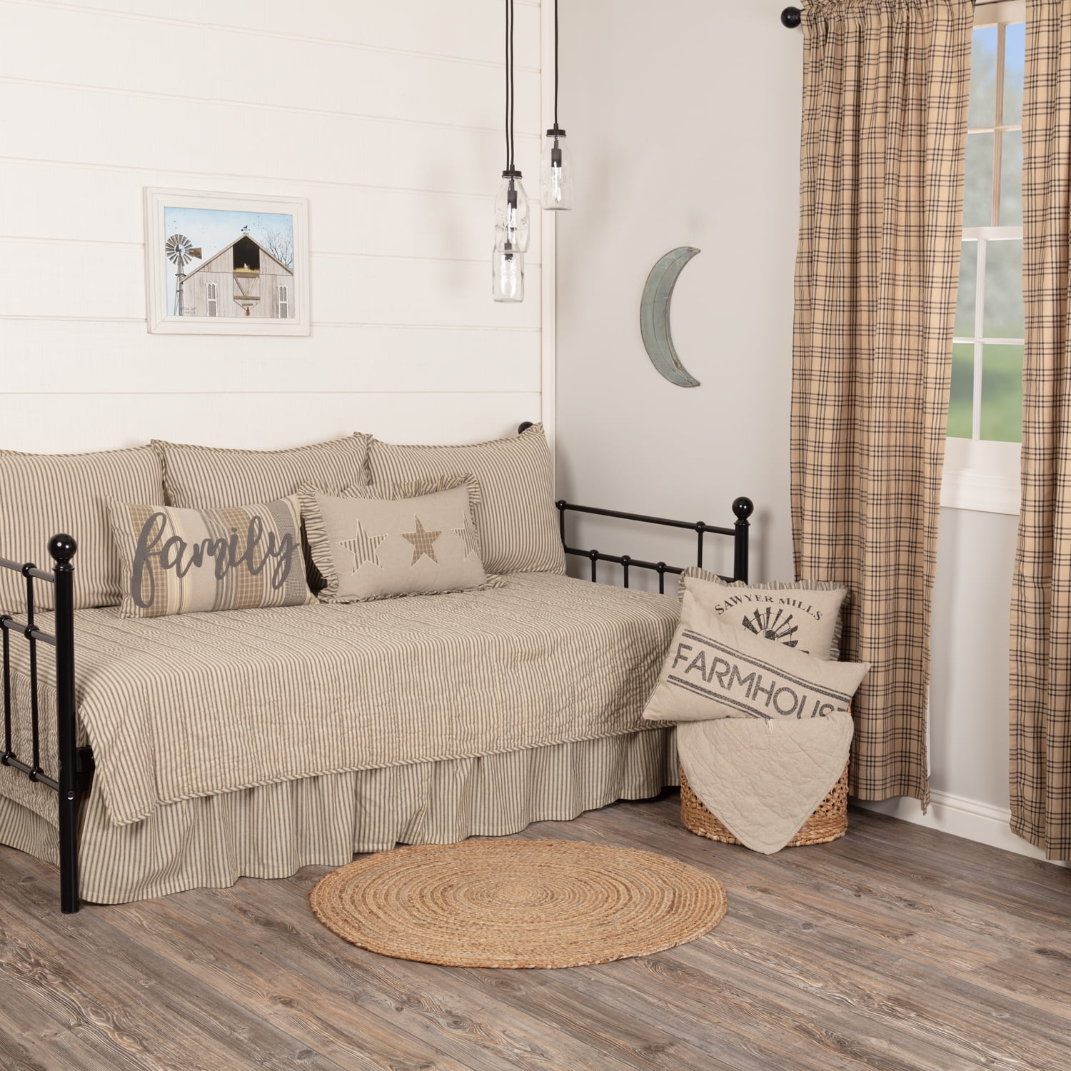 VHC Brands Sawyer Mill 5 Piece Daybed Bedding Sets 100% Cotton (1 Quilt, 1 Bed Skirt, 3 Standard Shams) Charcoal Ticking Stripe