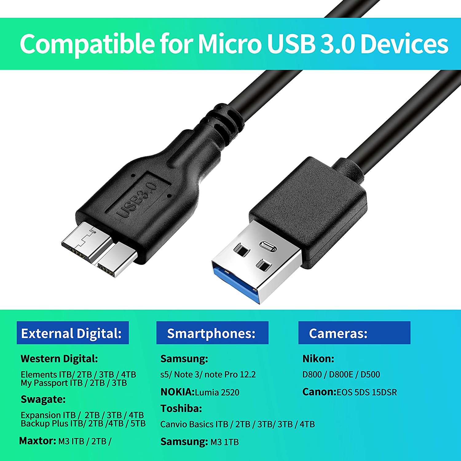 Micro B Cable, USB 3.0 A Male to Micro USB 3.0 Sync Cord,Data Wire for Toshiba,Seagate,Samsung,WD, My - image 4 of 4