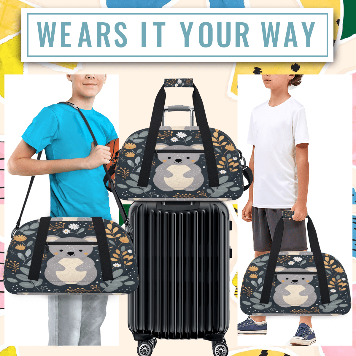 Herdesigns Koala Sports Duffle Bag for Women & Men, Cartoon Koala Gym Bag Dance Bag Overnight Bag Carry On Weekender Travel Bag