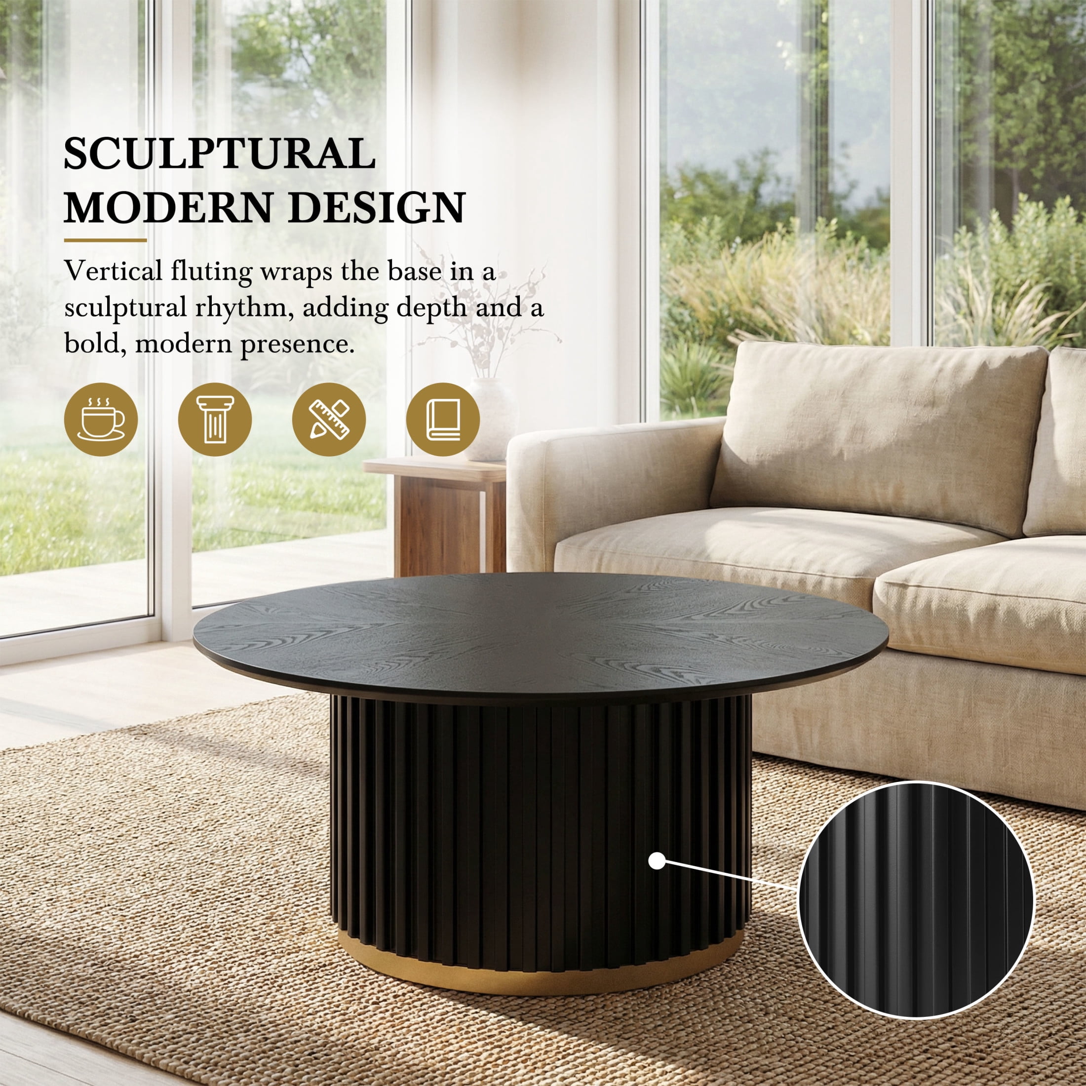 Christopher Knight Home 33.46" Round Coffee Table with Fluted Pedestal Base, Black