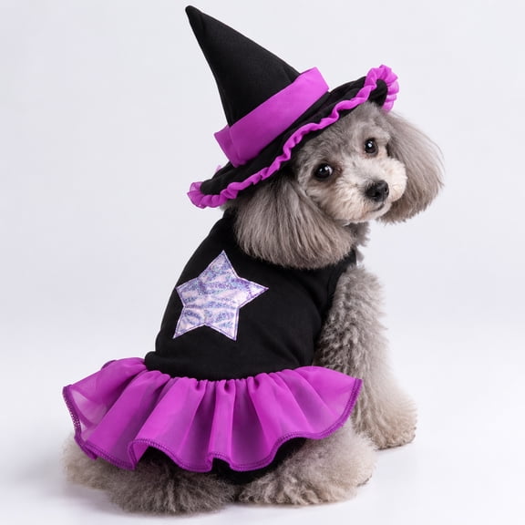 Halloween Pet Witch Costume Outfit with Witch Hat and Tutu Dress, Dress Up Clothes for Small Medium Dogs Cats Puppies Kittens, Cute Cosplay Apparel for Halloween Party Trick Or Treat Photo Props