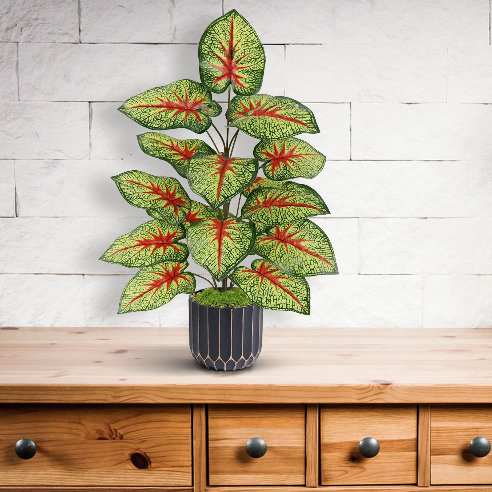 Artificial Caladium Plant Faux Red Heart Variegated Tropical Houseplant Realistic No Maintenance for Indoor Living Room Outdoor Patio Home Decor Fake Tropical Plants 25.6 Inch 1Pcs