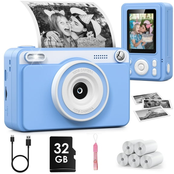 Gofunly Kids Instant Print Camera,Digital Toy Cameras for Boys & Girls Age 3-12 Birthday Learning Gifts Blue with 5Rolls Print Papers