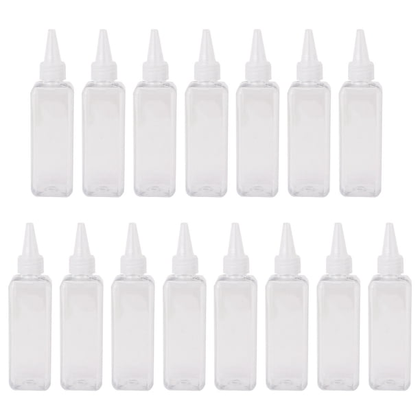 15 botellas cuadradas de 100 ml para tinte de cabello, de plástico transparente, con boquilla puntiaguda (con boquilla transparente).