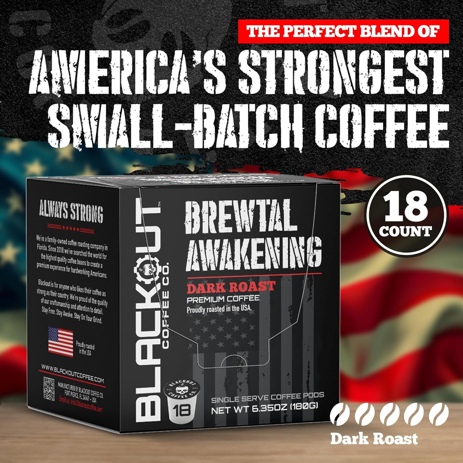 Blackout Coffee Brewtal Awakening Dark Roast Coffee Pods, Bold Rich Flavor, High Caffeine Coffee, K-Cup Compatible Single Serve Pods, 18 Count, Roasted in USA