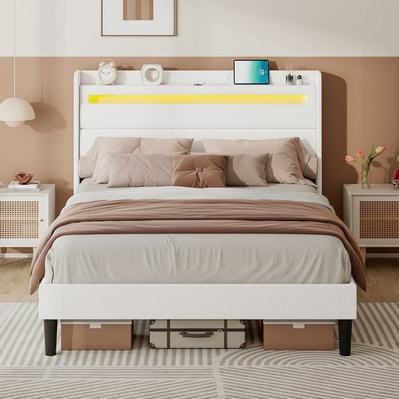 VanAcc Queen Size Bed Frame with RGBW LED Light & Charging Station, 50" High Linen Upholstered Platform Bed with 2-Tier Storage Headboard, White