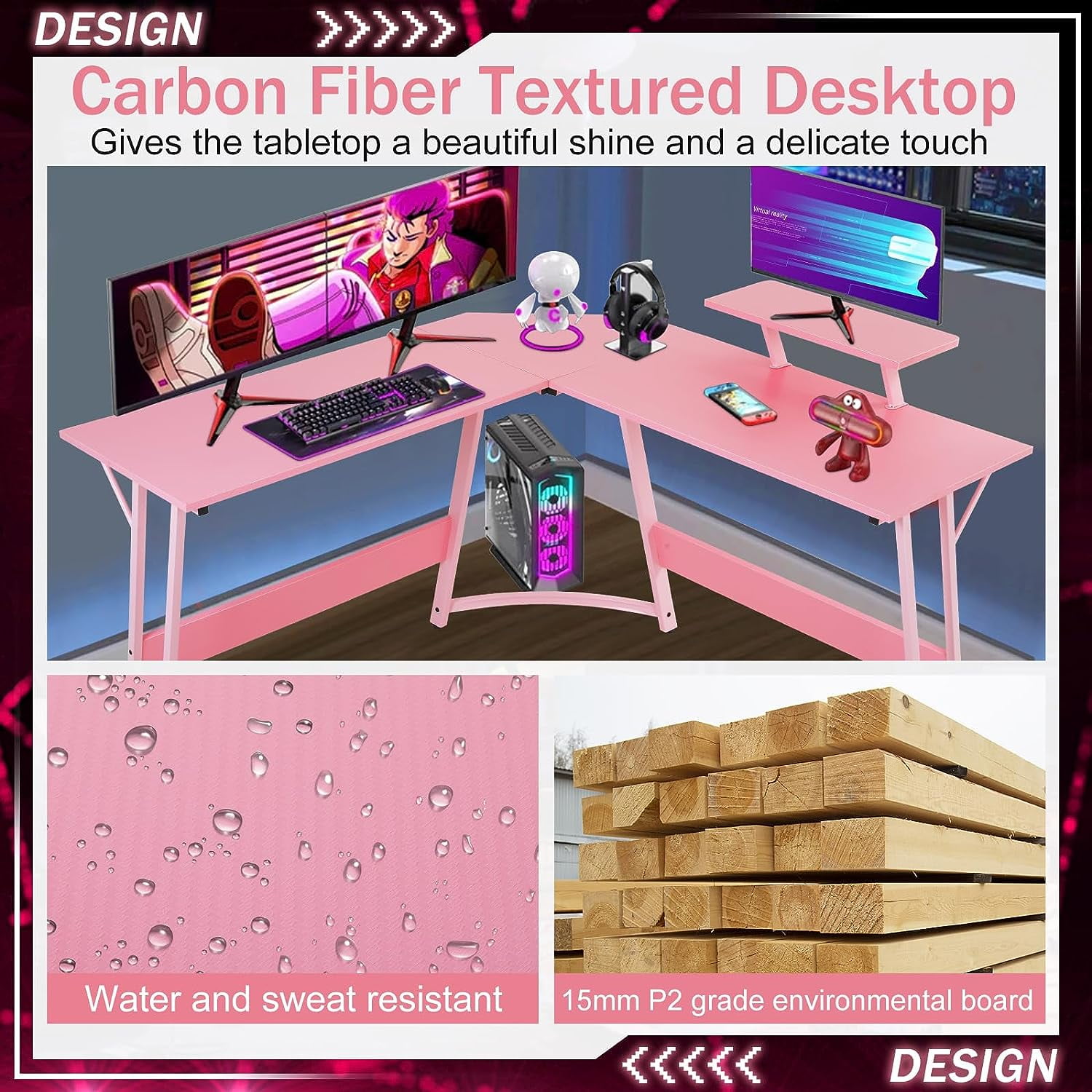 Dkelincs L Shaped Gaming Desk 50.4 inch Corner Computer Desk Table with Removable Shelf for home Office, Pink