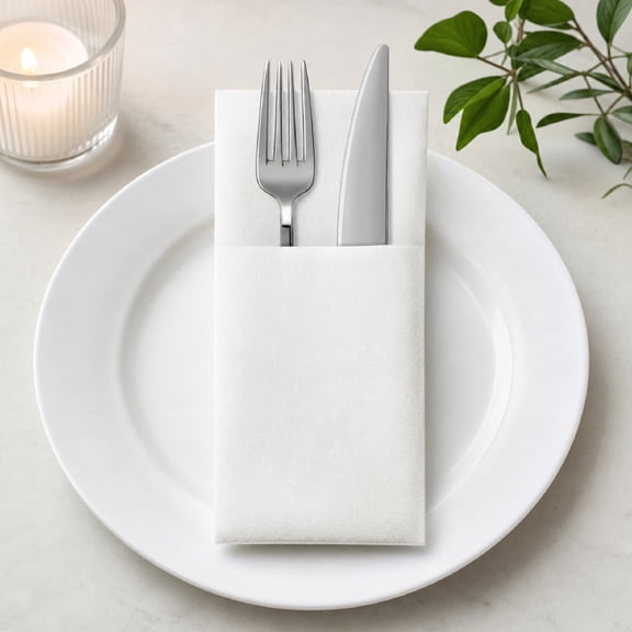 Disposable Cloth-Like Dinner Napkins, White Linen Feel, Built-in Flatware Pocket, 50-Count Pack
