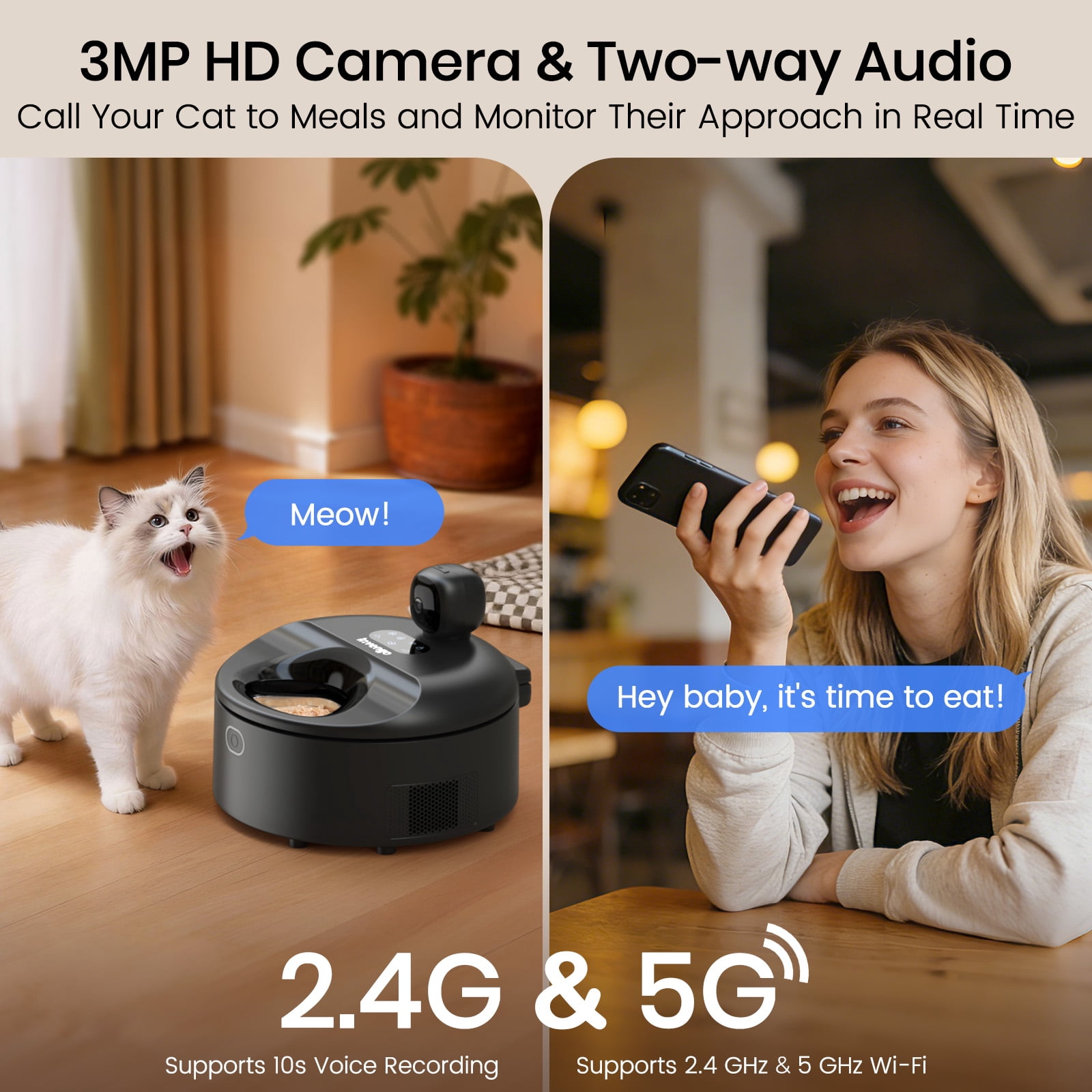 Smart Wet Food Feeder with Camera, Invengo Dual Semiconductor Cooling & Heating with 5 Stainless Steel Trays, Dual-band Wi-Fi APP Control, 5 Fresh Meals Pet Food Dispenser, Black