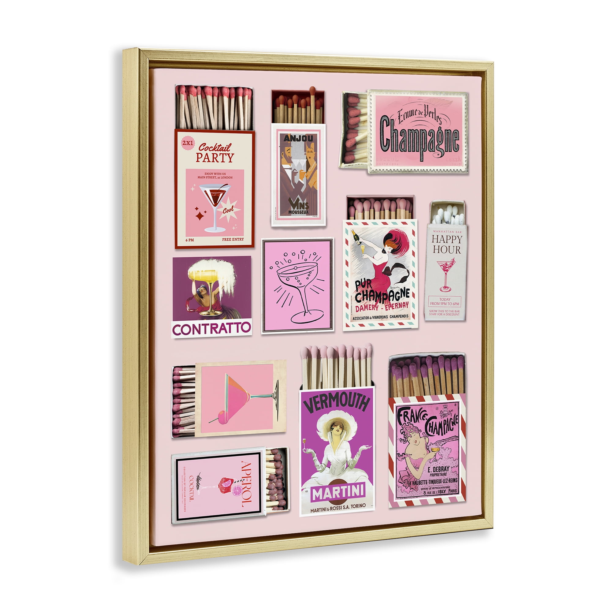 Stupell Industries Champagne & Cocktail Matchboxes Gold Framed Floater Canvas Wall Art, design by CAD Designs