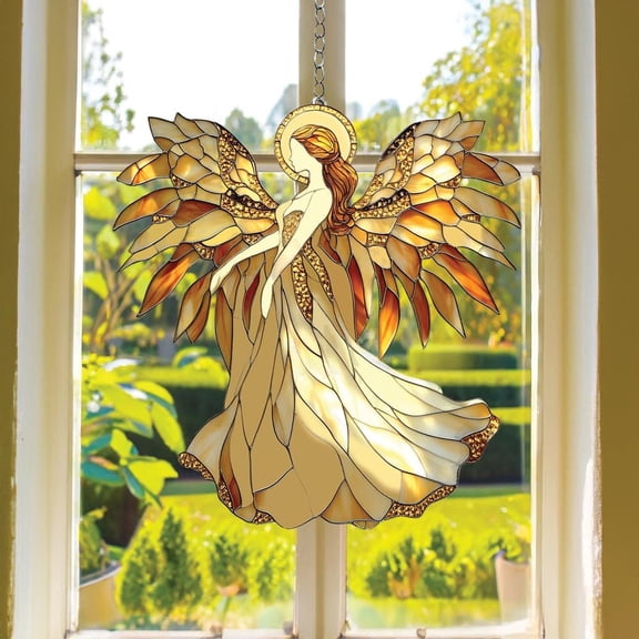 Angel with Golden Wings Faux Stained Glass Suncatcher Heavenly Acrylic Window Hanging Decor Gift for Spiritual and Angel Enthusiasts