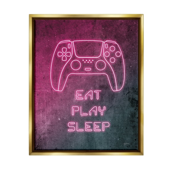 Stupell Industries Eat Play Sleep Pink Gamer Typography Painting Gold Floater Framed Art Print Wall Art, 25 x 31