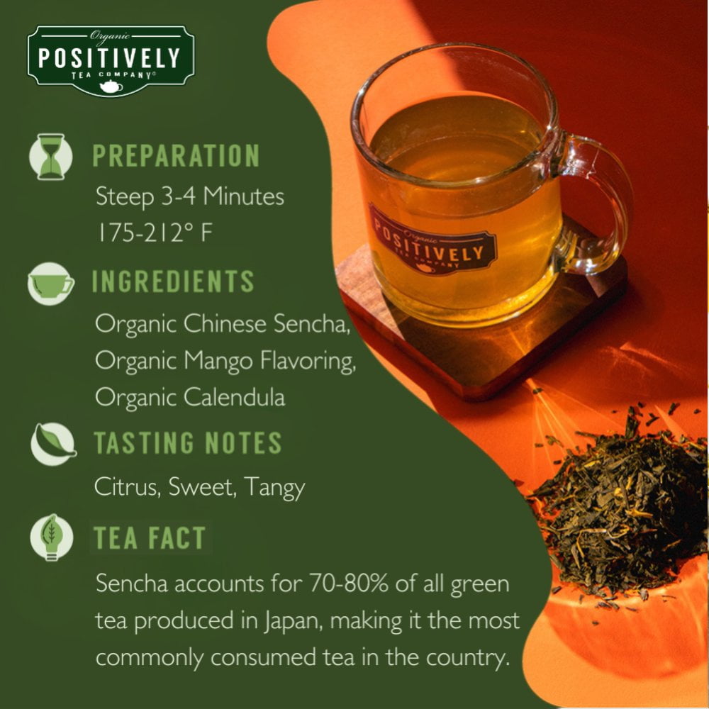 Positively Tea's Organic Mango Green Tea, Green Tea Bags, 120 CT Tea Bags 6 Boxes