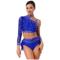 thumbnail image 2 of iiniim Women's Lyrical Jazz Dance Outfits One Shoulder Crop Top with Feather Briefs Skirt Dancewear Royal Blue L, 2 of 7
