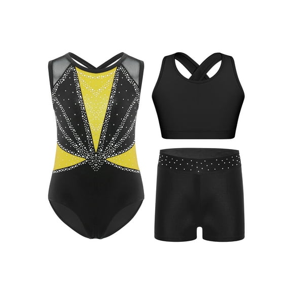 TTAO Gymnastics Leotard for Girls Sleeveless Sparkle Dance Bodysuit Athletic Unitard with Sport Bra Shorts Set Yellow 16