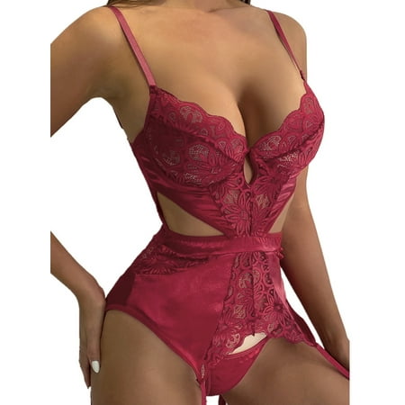 

Pfysire Women Sexy Bodysuit Lingerie Erotic with Garter Belts Thongs Wine Red L