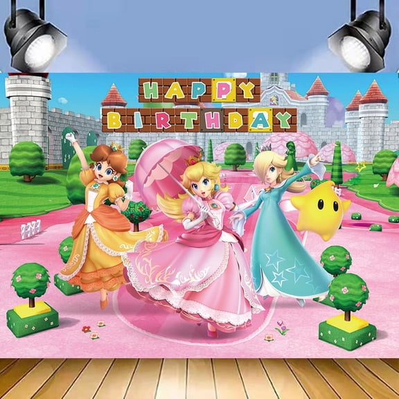Cartoon Peach Princess Birthday Backdrop Photography Kids Party Supplies Happy Birthday Party Decorations 35''×30''