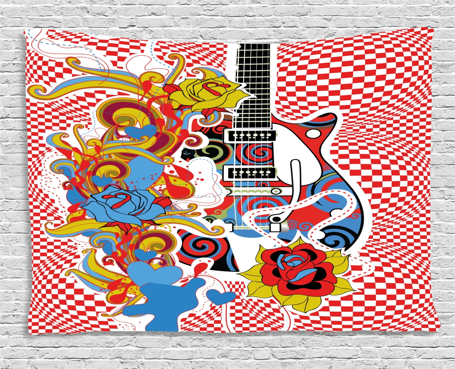 Rock Music Tapestry, Colorful Abstract Floral Elements with Sixties