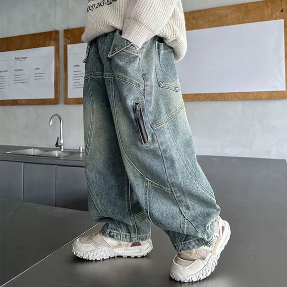 YMNXA Toddler Kids Boys Denim Pants Elastic Waist Straight Leg Wide Leg Loose Fit Comfortable Jeans Trousers With Pockets For Daily Wear,Blue,6-7 Years