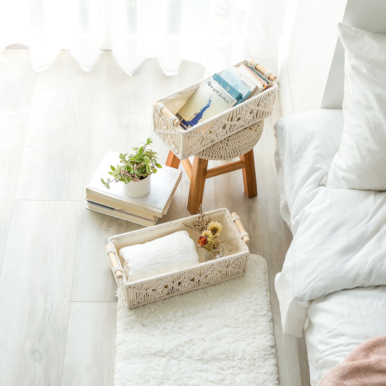 Mkono Set of 2 Small Baskets for Organizing Boho Decor Woven Decorative Storage Bins for Countertop Toilet Paper Box  Home Apartment Nursery