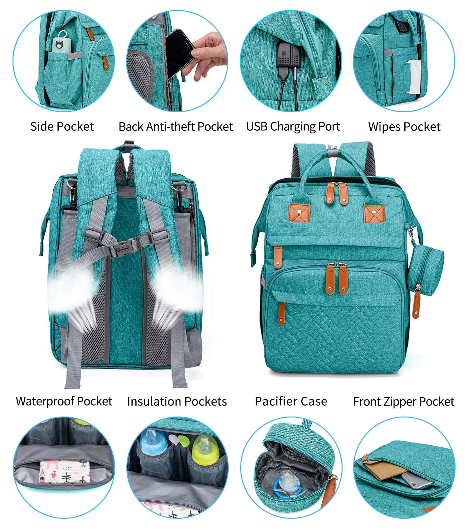 Kabaqoo Large Baby Diaper Bag, Multifunctional Baby Backpack with Changing Station Lake Blue