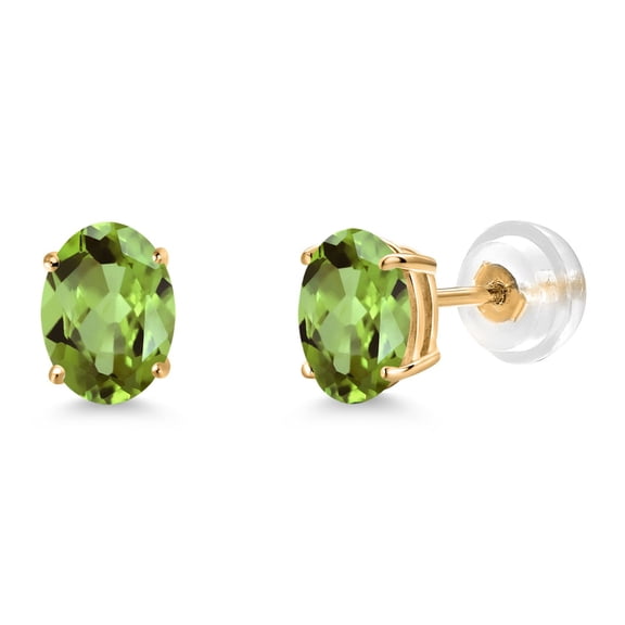 Gem Stone King 14K Yellow Gold Green Peridot Stud Earrings for Women Men (1.60 Cttw, Gemstone Birthstone Oval 7X5MM)