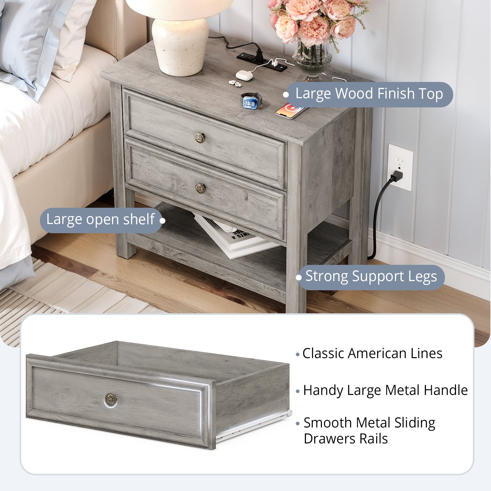 Holliwill 3pcs Dresser Nightstands Set, Farmhouse Bedroom Set, Wide 8 Drawer Dresser and 2 Drawer Nightstand with Open Shelf & Charging Station, Chest of Drawers for Bedroom, Grey